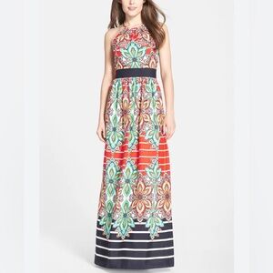 Eliza J Women’s Halter Maxi Dress Size 4 Floral Stripe Print Crêpe de Chine